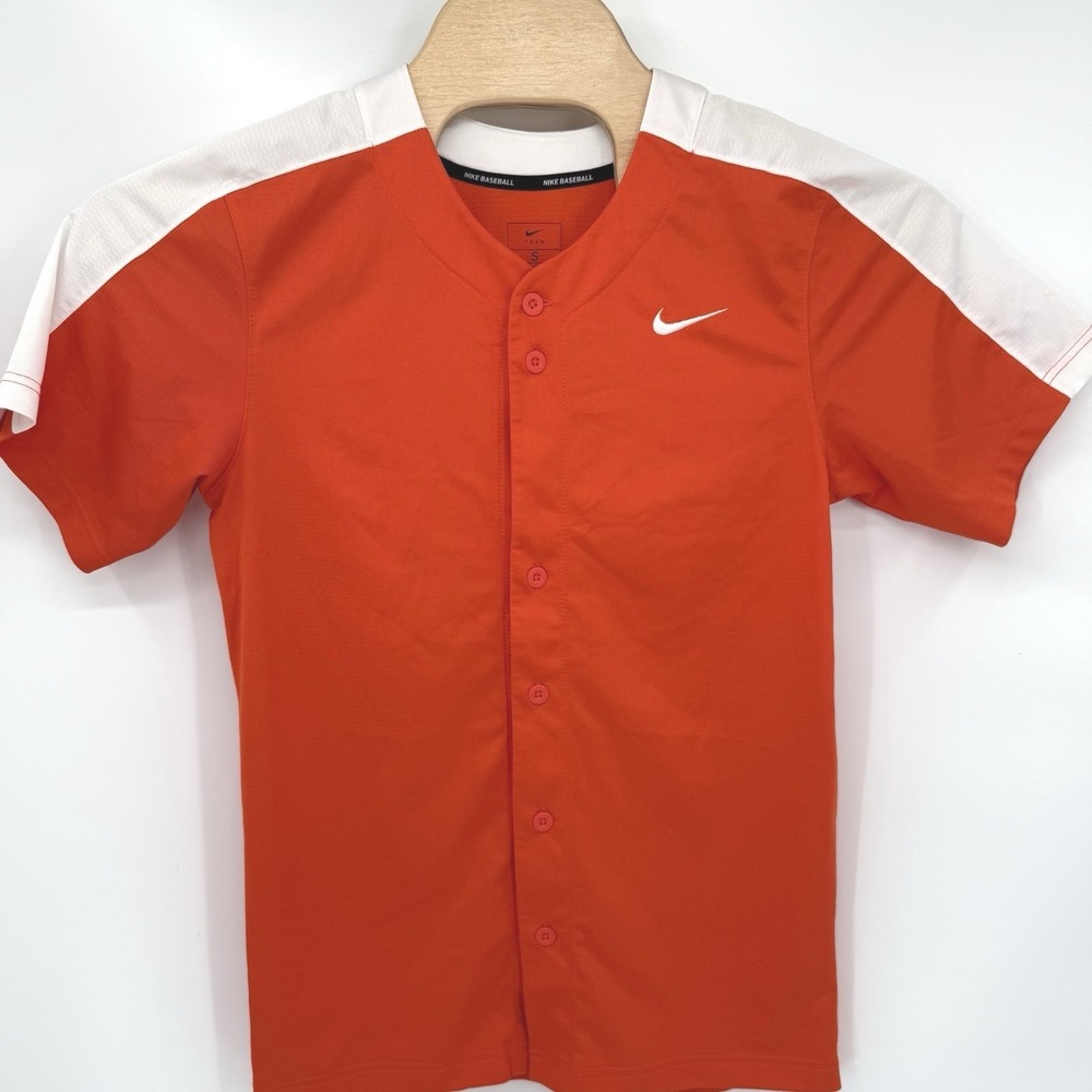 Nike Baseball Jersey Men S Orange White Full Button Short‎ Sleeve Swoosh Logo